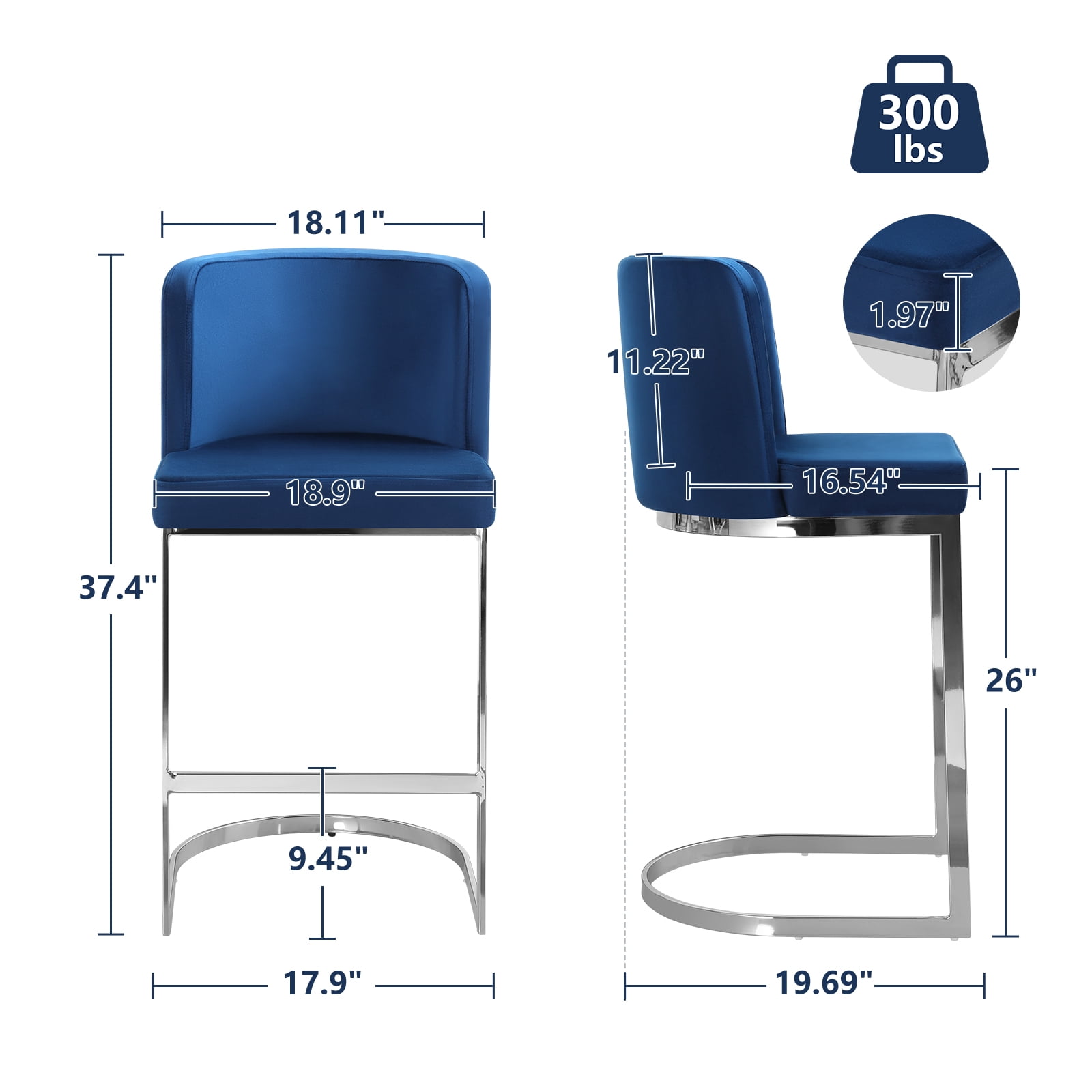 Modern Counter Height Bar Stools Upholstered Velvet Bar Chairs, Set of 3, 26" with Back and C-Shaped Metal Frame Island Stools for Home Bar Kitchen Pub