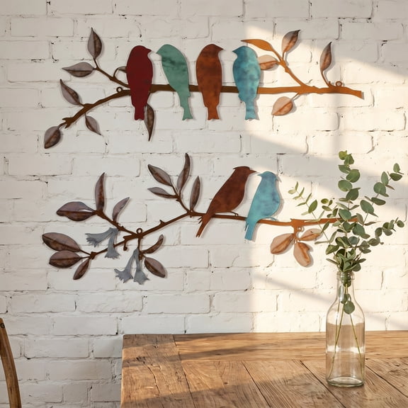 2 Pcs Metal Birds Wall Art Decor – Vivid Birds on Branch with Leaves, Rustic Waterproof Hanging Sculpture for Home, Balcony, Garden, Indoor & Outdoor (Colorful)