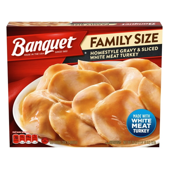 Banquet Family Size Homestyle Gravy and Sliced White Meat Turkey, Frozen Meal, 26 oz (Frozen)