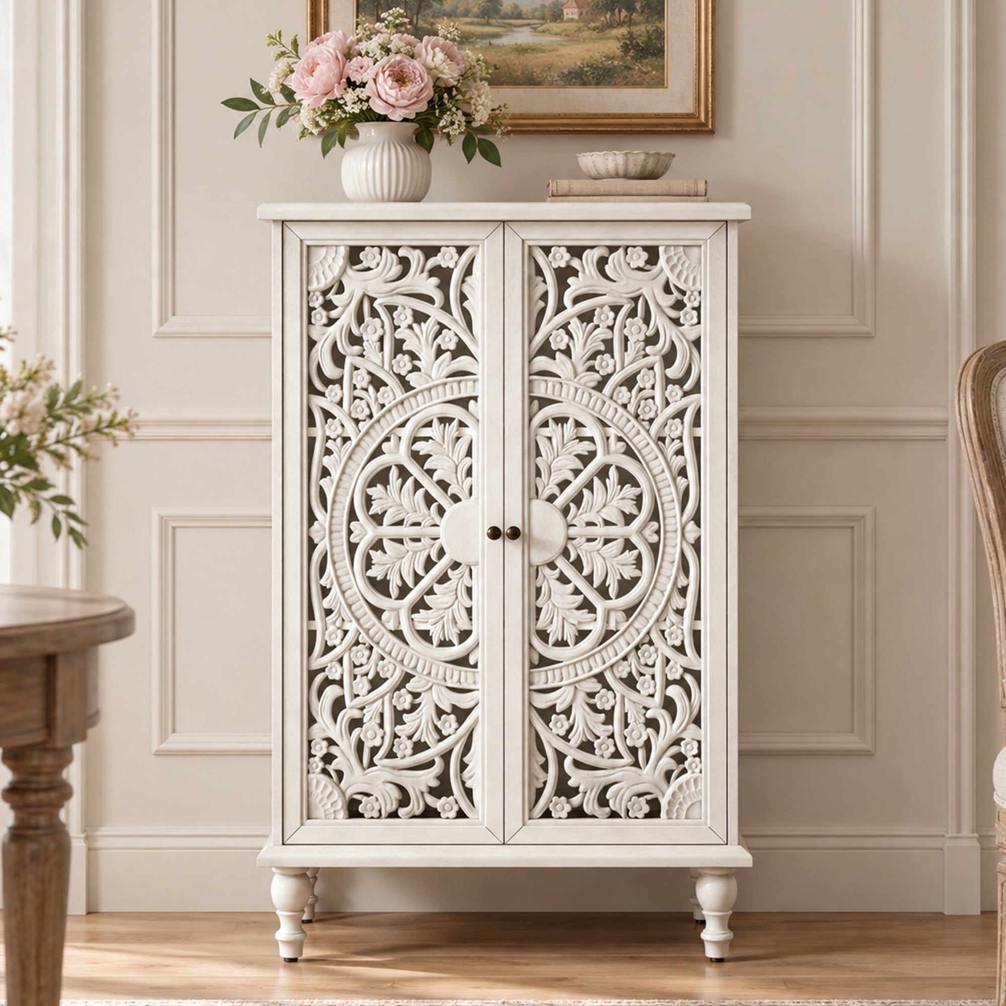 Atumcto Farmhouse Accent Storage Cabinet with 2 Hollow Carved Doors Adjustable Shelf & Turned Legs for Entryway Living Room Dining Room White