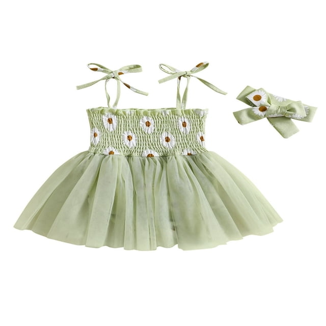 Combinaison d'Été pour Nouveau-Née Fille, Robe Sans Manches en Tulle à Imprimé Marguerites + Bandeau