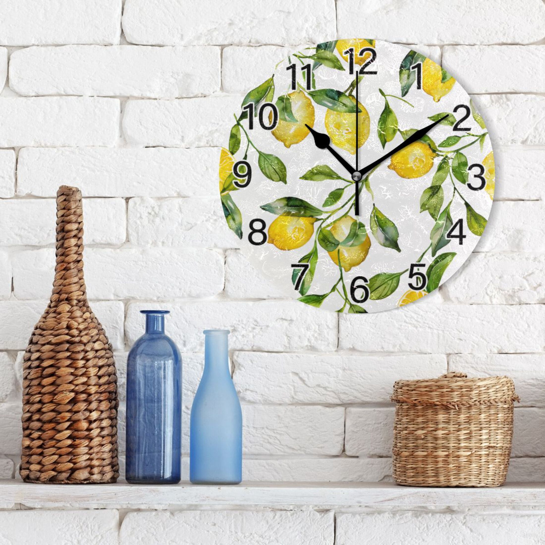 Ryvnso Lemon and Leaves Wall Clock Non Ticking Silent Kitchen Clock Battery Operated Clocks 10 inch