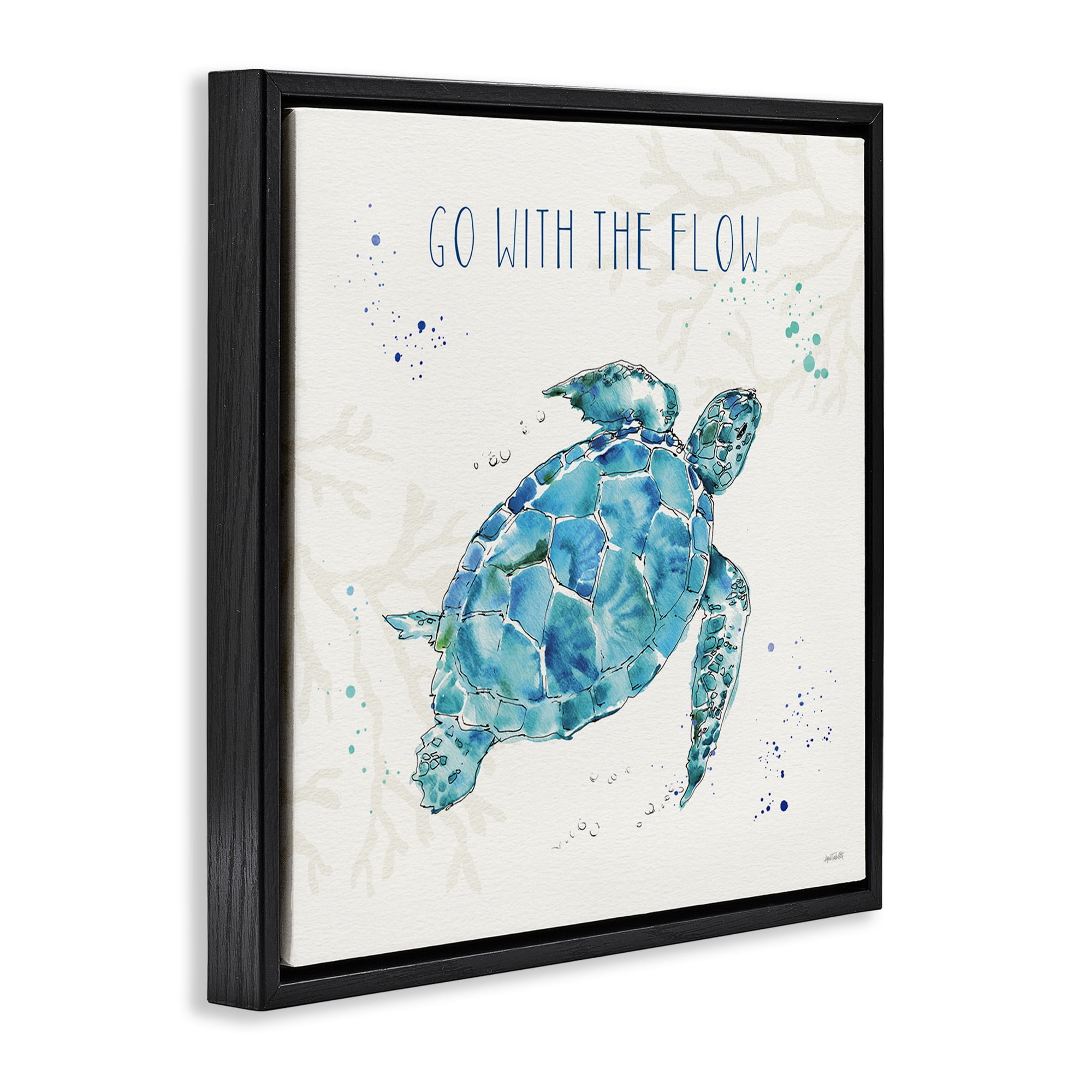 Stupell Industries Go with the Flow Turtle Tortoise Nature Painting Black Floater Framed Canvas Art Print Wall Art, 25 x 25