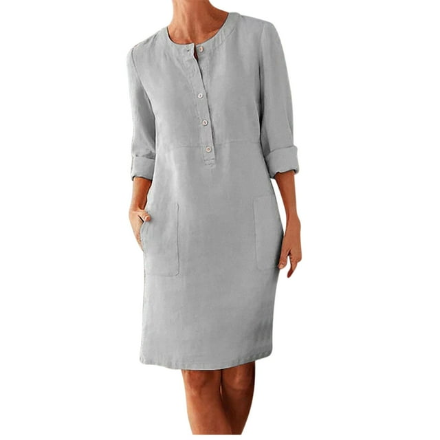 QUYUON Robe en Lin pour Femme Grande Taille Tendance à Boutons Col Manches Longues Mini Robes avec Poches Robe au-Dessus du Genou Robe de Plage Robe d'Été Soirée Cocktail Fête Robe Courte, Gris m