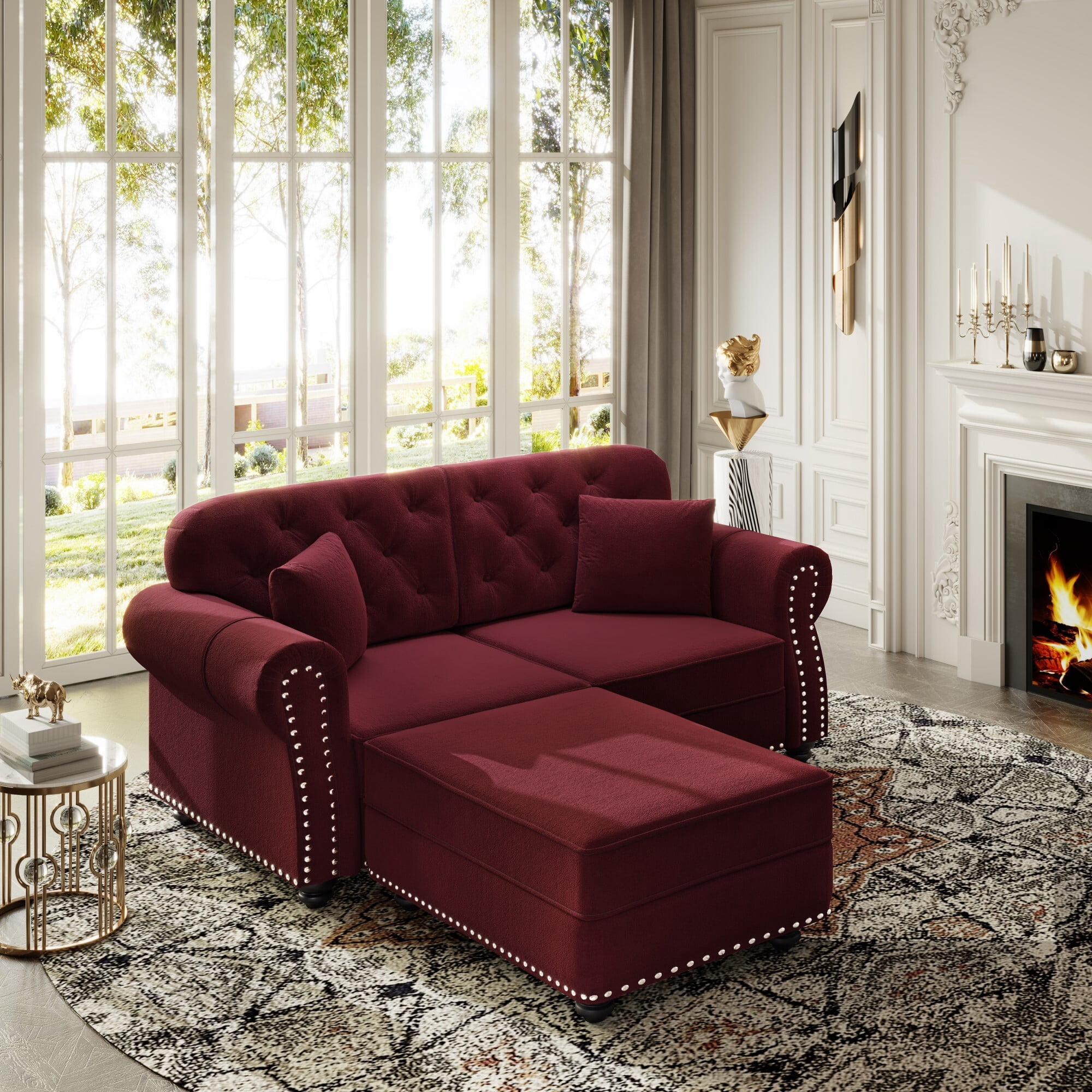 DEALTOPS 63 Inch Reversible Chesterfield Velvet Sectional Sofa with Ottoman, Tufted Nailhead Trim, Burgundy