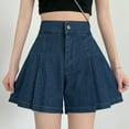 thumbnail image 3 of Women's Casual High Elastic Waisted Wide Leg Flared A Line Pleated Denim Jean Shorts With Pockets, 3 of 6