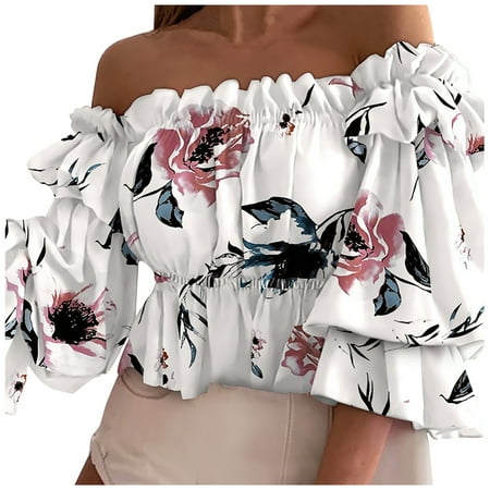

Shirts For Women Casual Summer Plus Size Shirts Women s Shirts Dressy Casual Workout Tshirts Cotton Ruffle Design Off Shoulder Long Sleeve Flower Print Top Sexy Shirt Autumn Wear (M White) TBKOMH