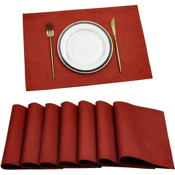 PinesC Placemats Set of 8 Washable Thick Fabric Placemat for Dining Table Heat Resistant Cloth Linen Like Table Mats Double Layer Absorbent Place Mats, Burgundy Red