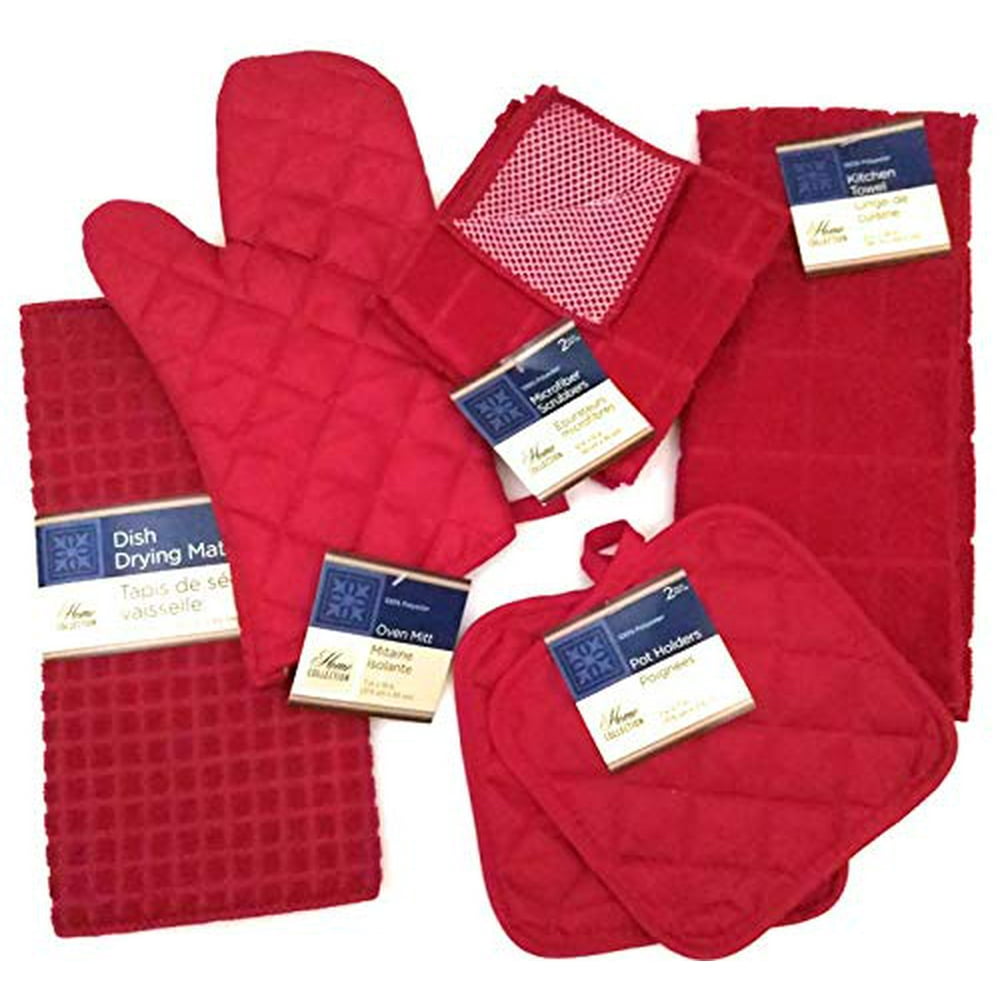 Kitchen Towel Set with 2 Quilted Pot Holders, Oven Mitt, Dish Towel