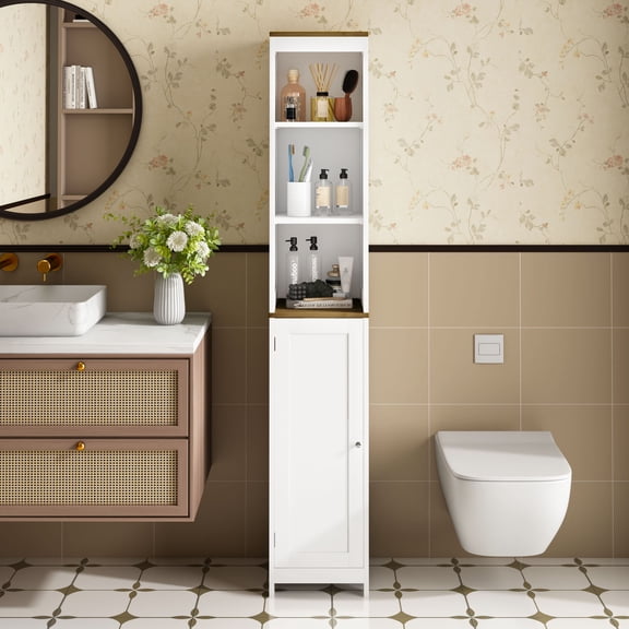 CQSXDA Freestanding White Narrow Floor Cabinet Organizer, Tall Bathroom Storage with Enclosed Cabinet & Open Shelves for Laundry Rooms