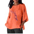 thumbnail image 1 of Xihbxyly Hauts pour Femmes Chemise Décontractée Imitation Coton et Lin Imprimé Manches 3/4 Col Rond T-shirt à Poche Surdimensionné Chemise Décontractée Légère et à la Mode Haut d'Été Offres de Vacances, 1 of 1