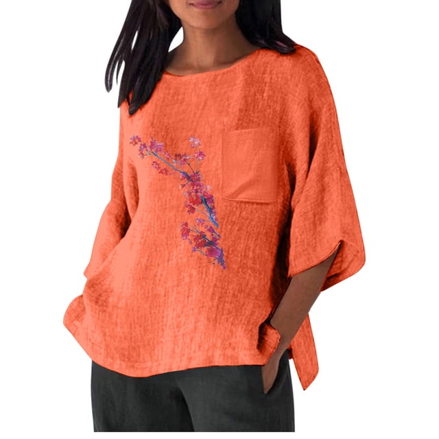Xihbxyly Hauts pour Femmes Décontractés Chemise à Imprimé Imitation Coton et Lin pour Femmes avec Manches 3/4, Encolure Ronde et Coupe Ample. la Chemise orange Légère a un Imprimé floral à l'Avant et une Poche Poitrine Simple. Convient au Port Décontracté, à Agencer avec des jeans Ou des leggings, et Idéale pour Toutes les Saisons.