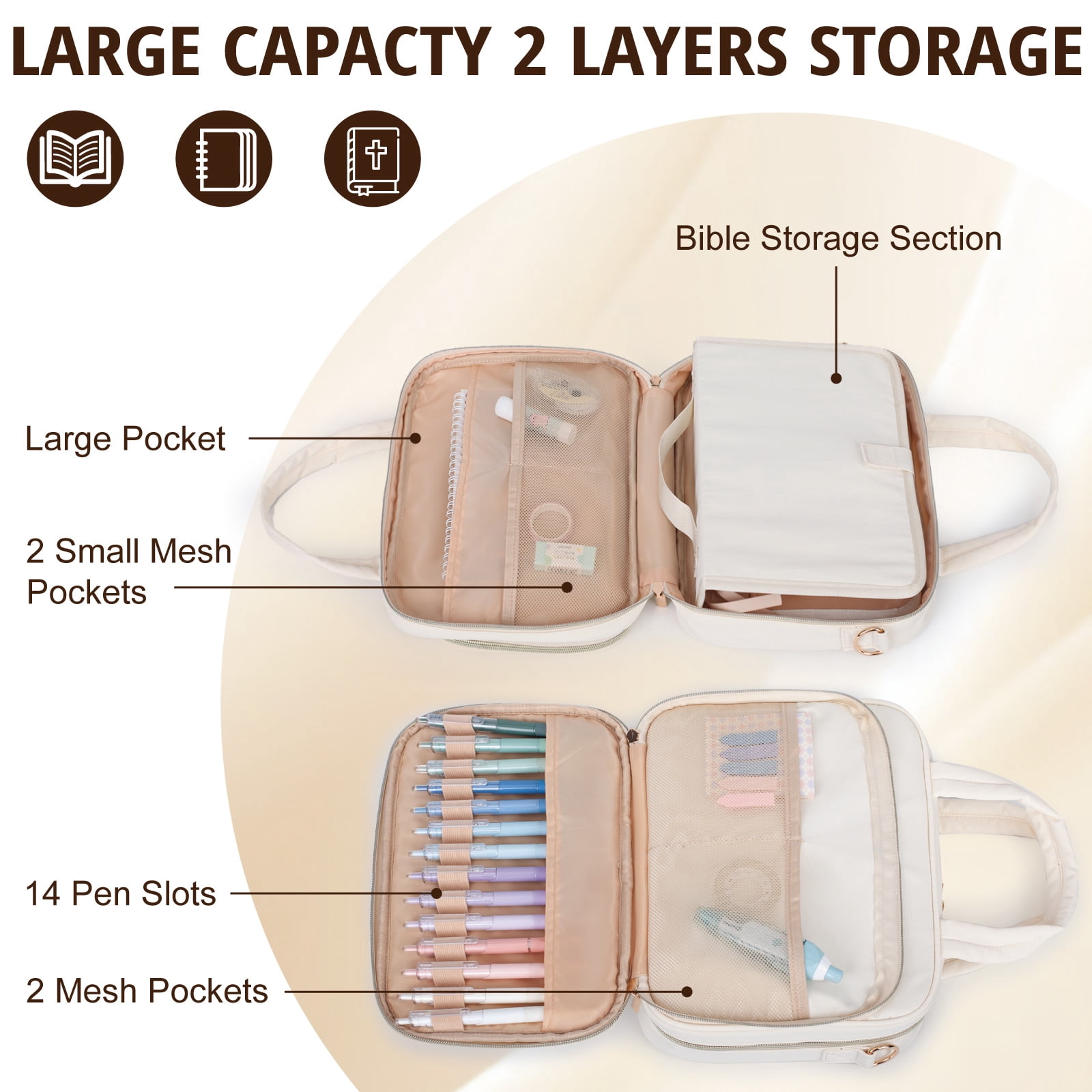 Bible Cover for Women, 2 Layers, Large Bible Carrying Case with Handles Shoulder Strap, Soft Puffy Quilted Bible Bag with Book Cover Organizer, Bible Tote for Church Study Supplies Accessories