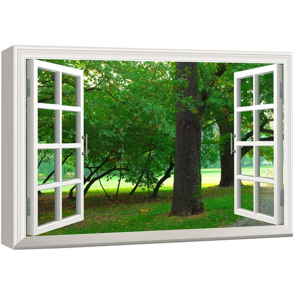 wall26 Canvas Print Wall Art Window View to Trees in Green Forest Nature Wilderness Photography Realism Rustic Landscape Colorful Multicolor Ultra for Living Room, Bedroom, Office - 24"x36"