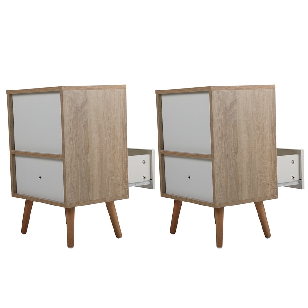 Kepooman 2-Tier Bedside Table for Bedroom, Set of 2 Nightstands for Living Room, Wooden End Table for Home Office, Natural + White