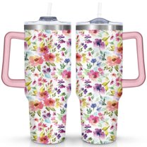 40oz Pioneer Colorful Floral Stainless Steel Flip Straw Tumbler with Lid and Straw Spill Proof Travel Cup Double Wall Vacuum Insulated Coffee Mug with Handle Pink