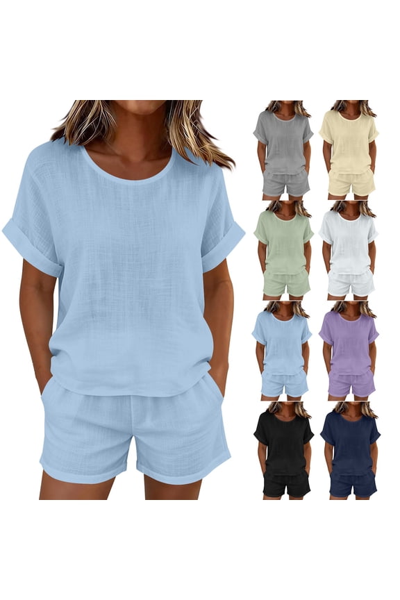 Womens Plus Size Short Sets Casual Cotton Linen Crew Neck Top and Shorts Matching Outfits with PocketsGreen2XL