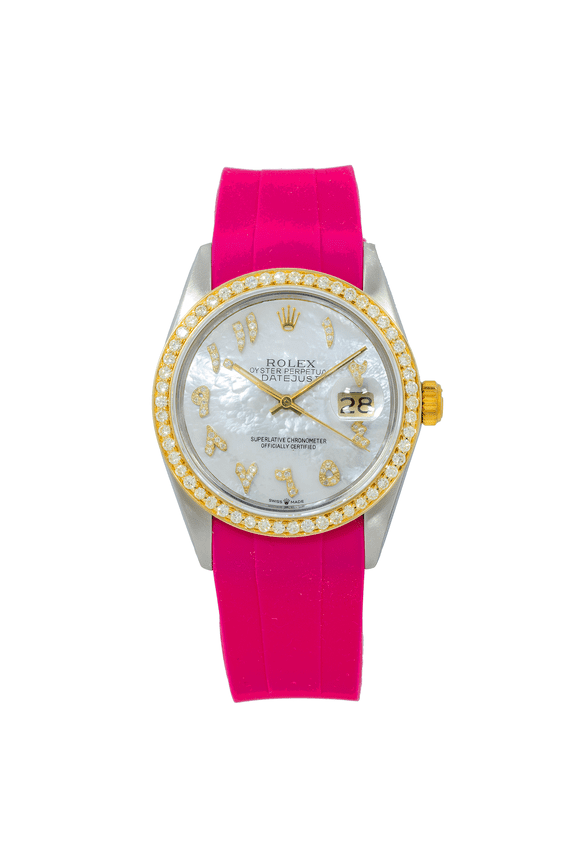 Pre-Owned Rolex Datejust 36MM 16013 Mother of Pearl Eastern Arabic Diamond Dial Diamond Bezel Magenta Rubber Strap