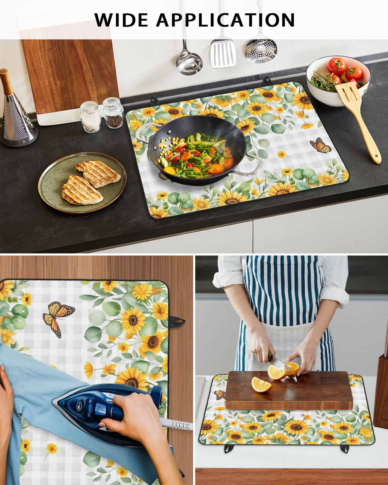 Large Induction Cooktop Protector Mat Spring Sunflowers Stove Top Covers for Electric Stove, Eucalyptus Leaves Butterfly Flowers Plaid Decorative Stove Burner Cover Mats, Glass Top Stove Cover