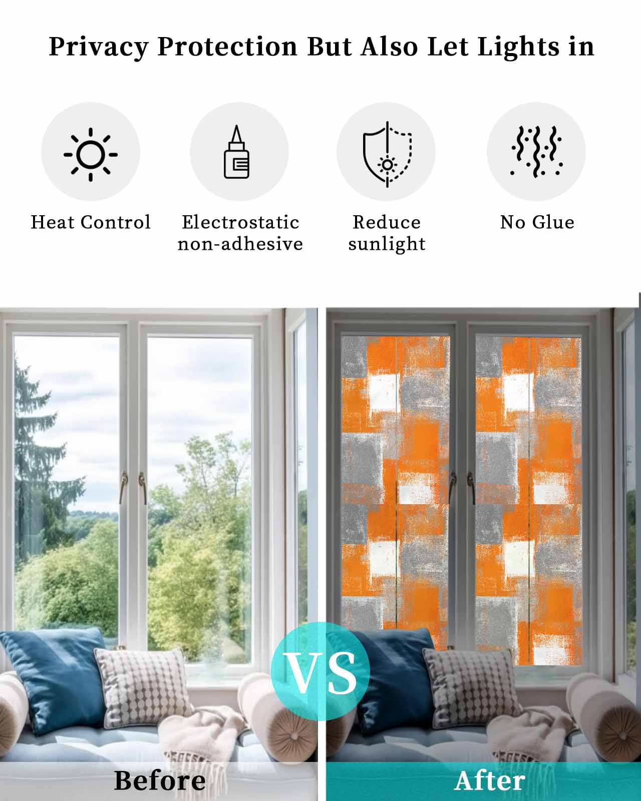 Window Privacy Film Burnt Orange Grey Stained Glass Window Film Decorative Sun Block Window Cover Modern Oil Painting White Geometric Window Clings Static Adhesive Sticker for Bathroom 17.7"x78.7"