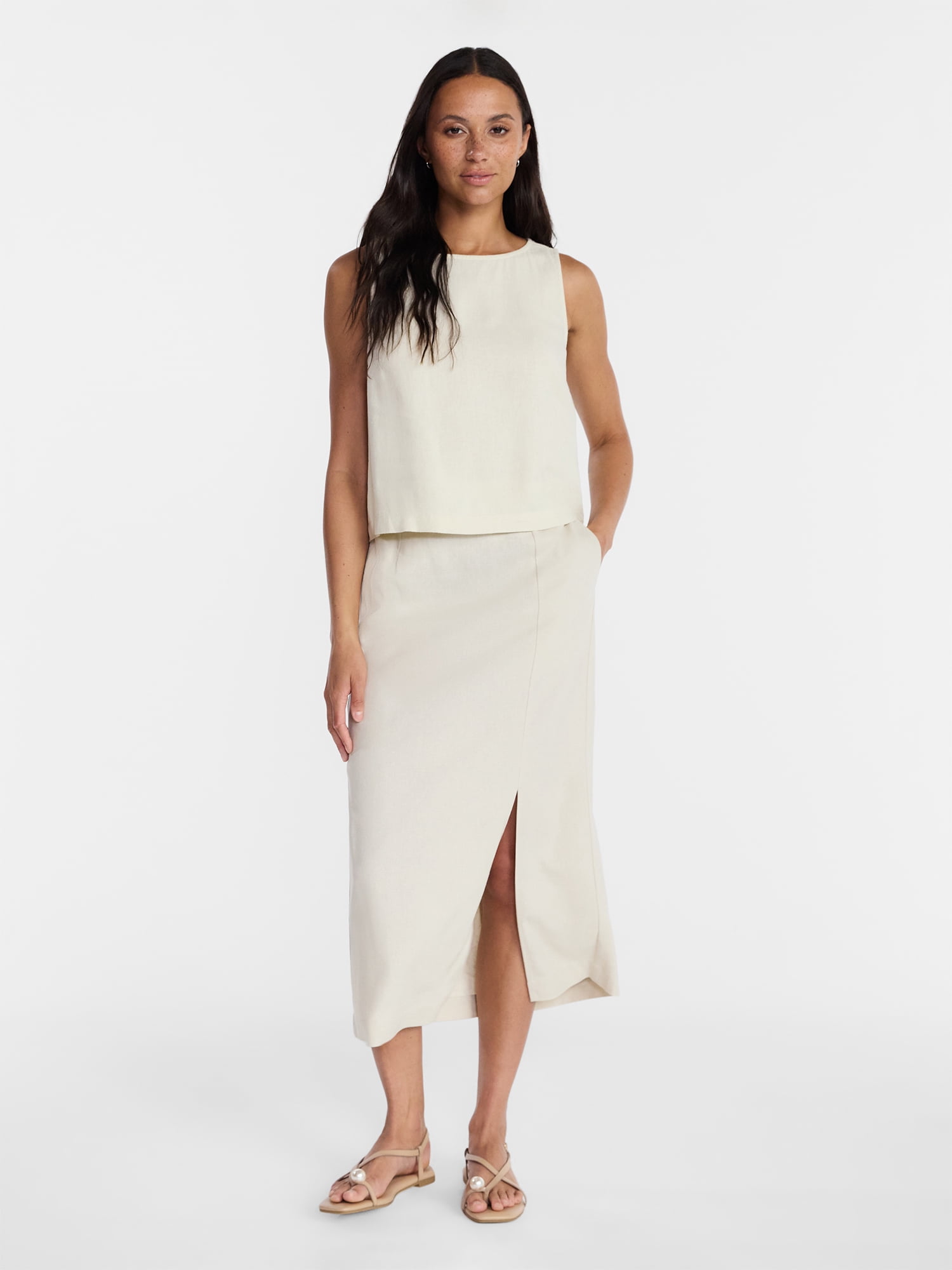 Time and Tru Women's and Women’s Plus Linen Blend Midi Skirt with Side Slit, Sizes XS-XXXL