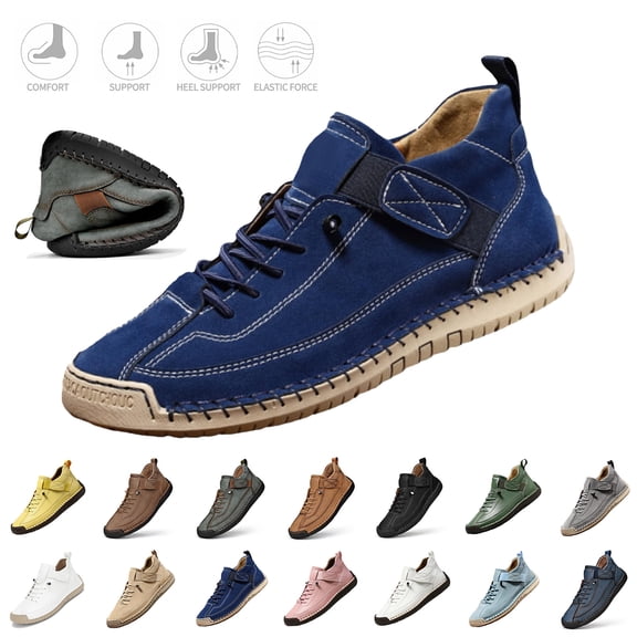 Havenx Men's Leather Chukka Boots Handmade with Adjustable Elastic Band Slip-On Non-Slip Walking Loafers Arch Support Mid Top Comfortable Shoes,Dark Blue 43(US-10)