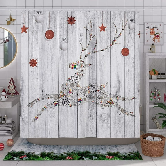 Newhomestyle Christmas Reindeer Shower Curtain Wooden Backgrand, Winter Christmas Bathroom Decor Holiday Decorations Polyester 72" x 72"