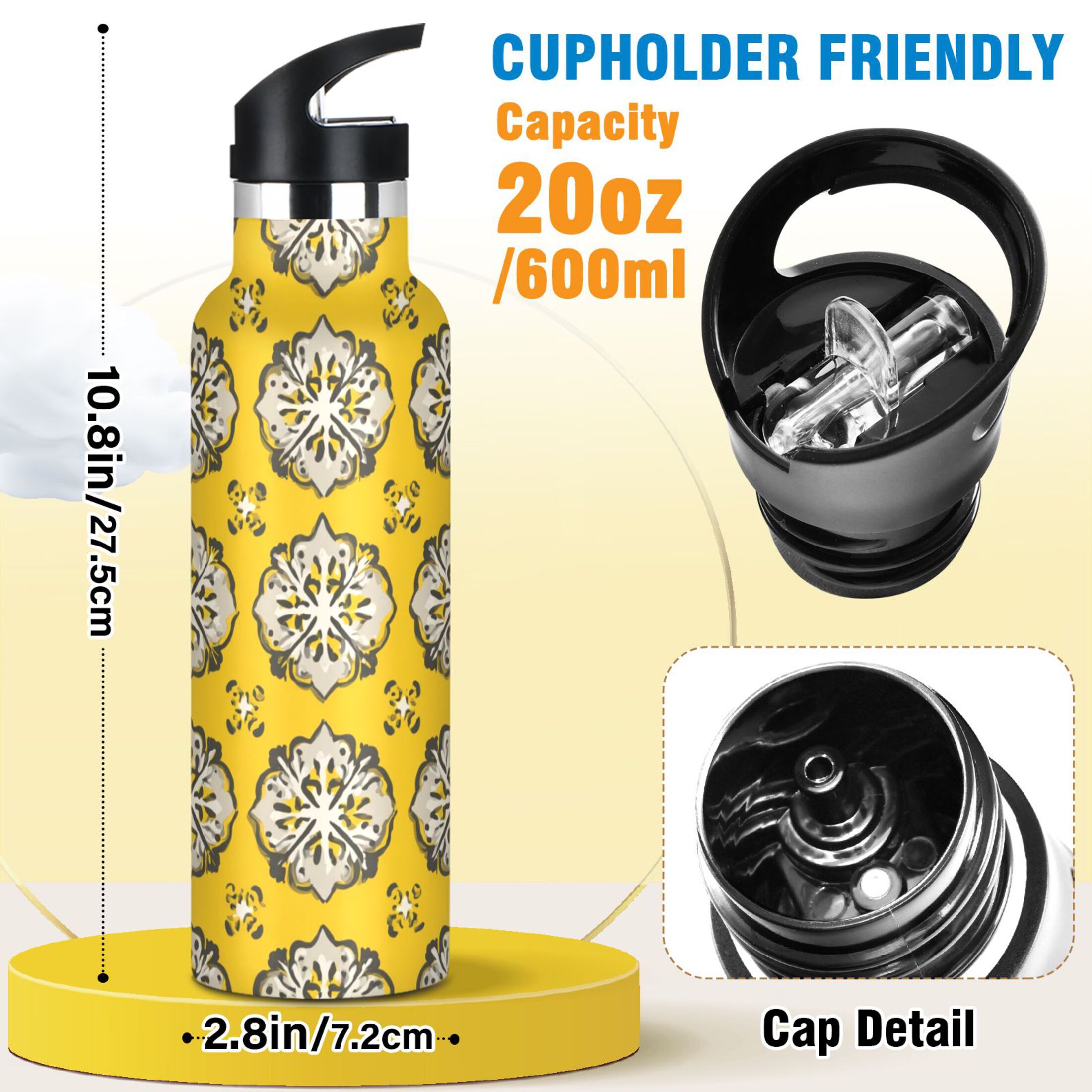 600ML Stainless Steel Insulated Cup Sports Water Bottle Portable Thermos Cup Water Glasses Insulated Tumblers Convenient and Durable Yellow Pattern Seamless