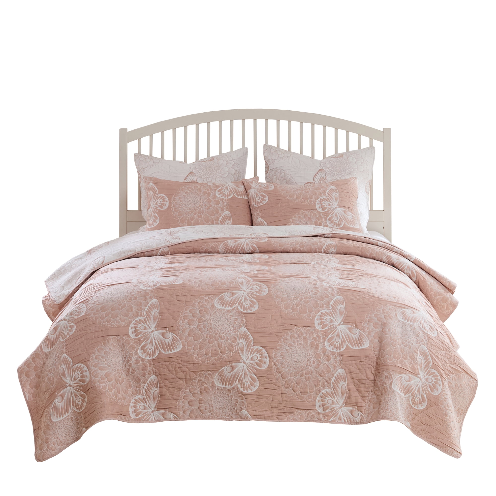 Greenland Home Fashions Mariposa Blossom and Butterfly Pink Matelassé Reversible Coverlet Set, 3-Piece King/Cal King