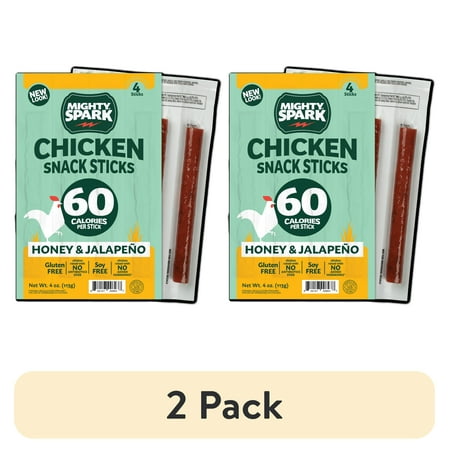(2 pack) Mighty Spark All Natural Chicken Honey & Jalapeno Snack Sticks, 4 oz, 4 Pack Individually Wrapped