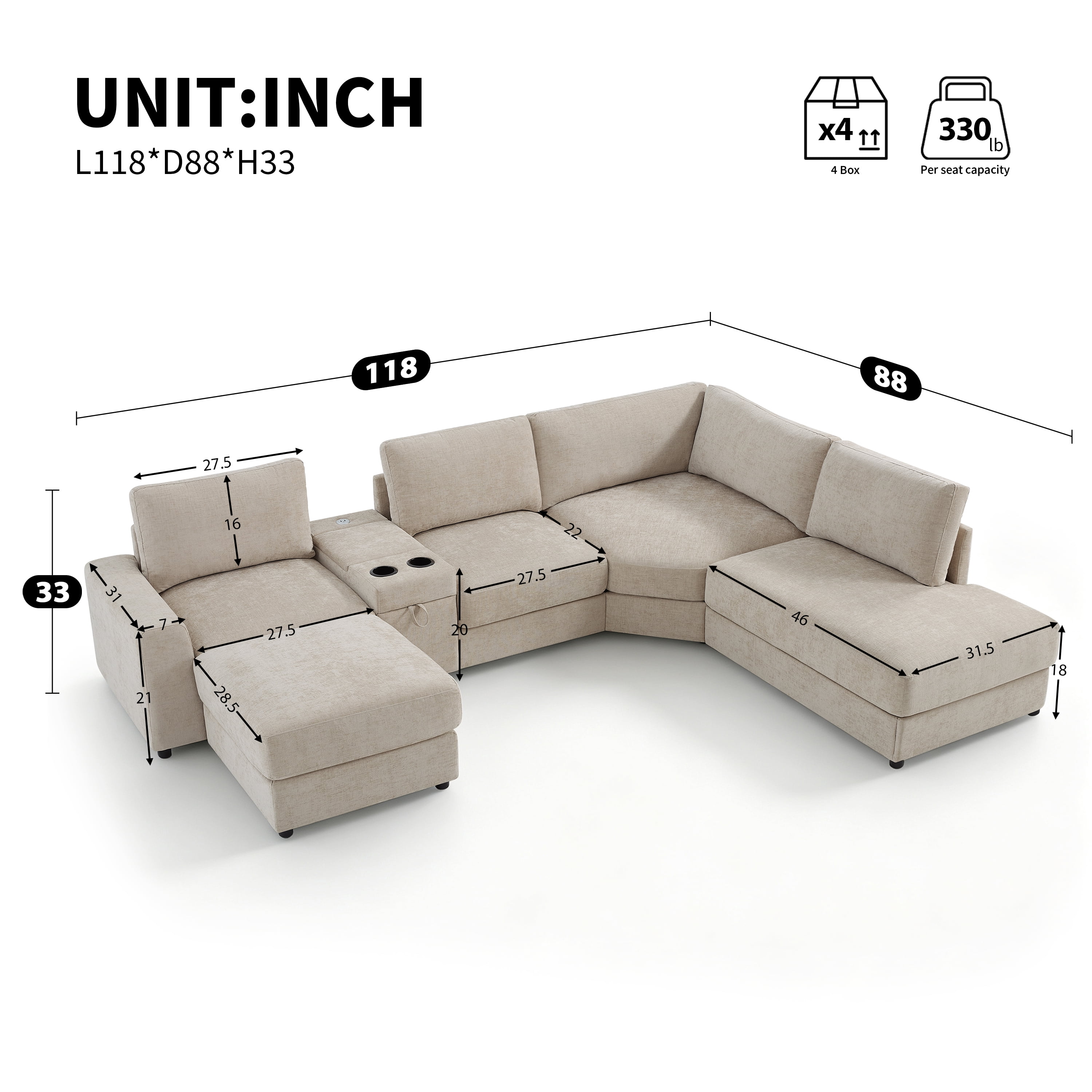 GARITIN 6 Seat U Shaped Modular Sectional Sofa 118 Inch, Oversized Chenille Couch with Ottoman and Storage Console with USB Charging, Beige
