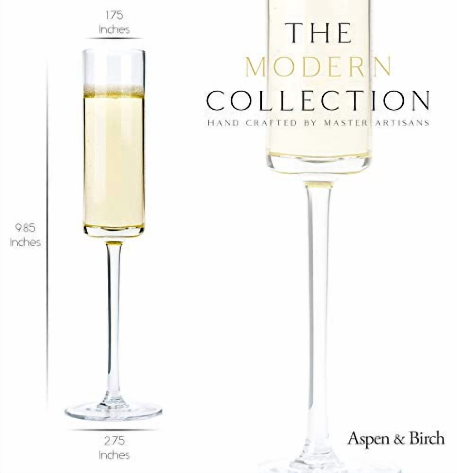 Aspen & Birch - Modern Champagne Flutes Set of 6 - Champagne Glasses - Mimosa Glasses, 100% Lead Free Crystal Stemware, Clear, 6 oz, Hand Blown Glass Champagne Flutes - Hand Crafted by