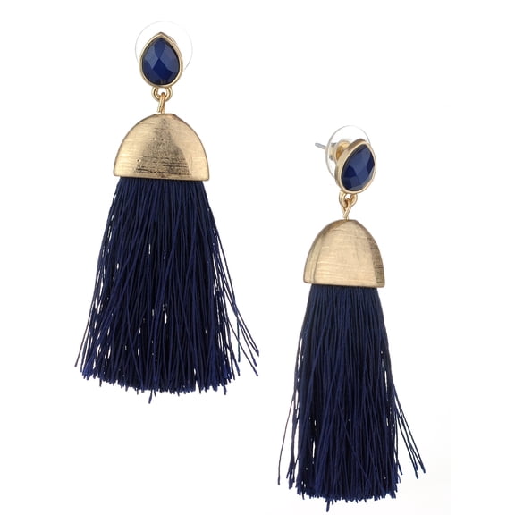 Women's Mini Teardrop Brass Look Cap Thread Tassel Dangle Pierced Earrings, Navy