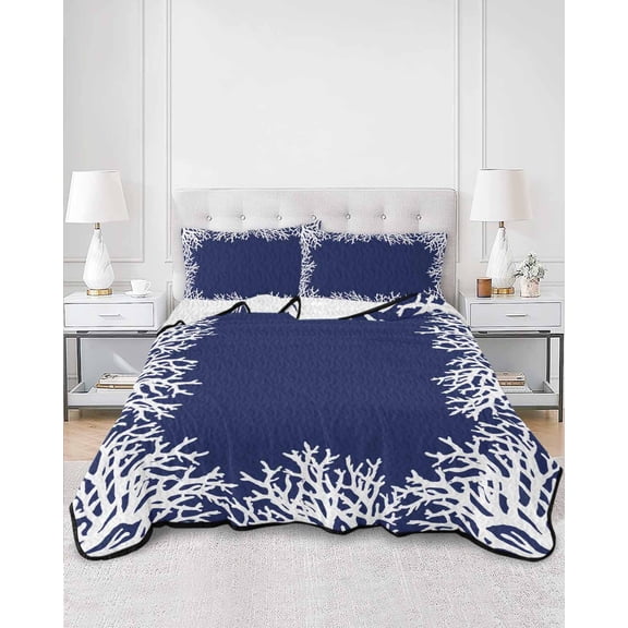 Quilts Queen Size, Coastal Coral Soft Comforter Bedding Set for Bed, Navy Blue Ocean Marine Nautical Beach Lightweight Quilted Bedspread with Pillow Cover(2 Pieces) for All Season, 90x96 Inch