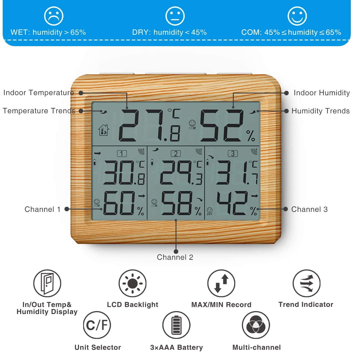 Buy AMIR Indoor Outdoor Thermometer, 3 Channels Digital Hygrometer