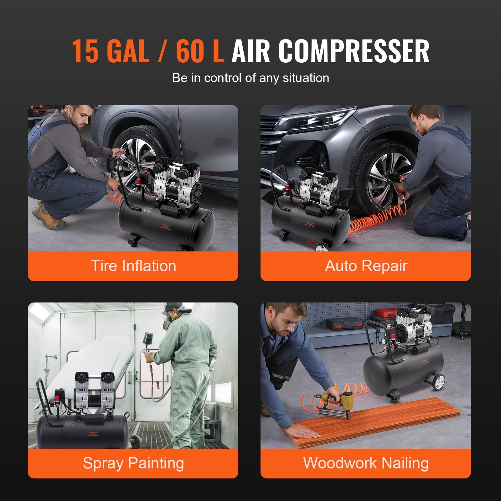 KFFKFF Air Compressor with 15 Gallon Steel Tank, 2HP, 5.3 CFM@90 PSI, Oil-Free Operation & Max 125PSI. Quiet 78dB for Auto Repairs, Tire Inflation & Spray Paint