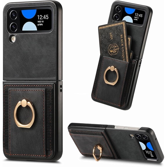 Compatible with Samsung Galaxy Z Flip 3 5G 2021 Wallet Case and Card Slot Shockproof Protective Case Metal Ring Holder Stand Kickstand Cell Phone Cover for ZFlip3 Z3 Flip3 3Z Women Men Black