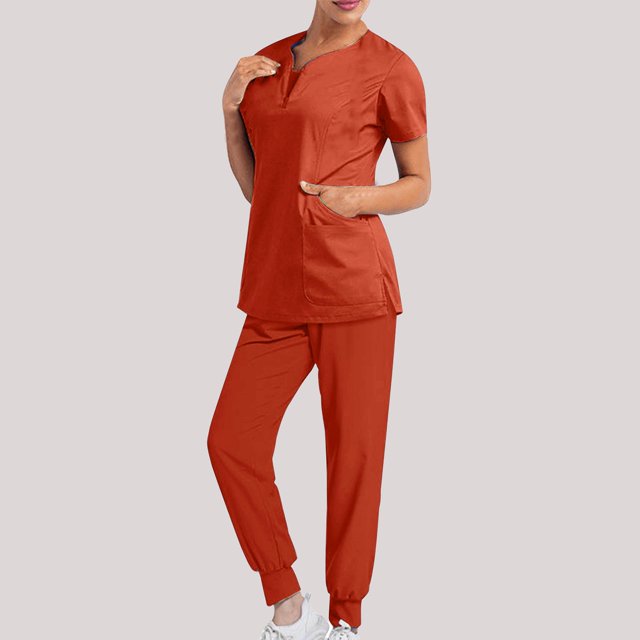 DPTALR Women Solid Color Loose Pants Multiple Pocket Caregiver Nursing Uniform Short Sleeve Zipper V-Neck Set