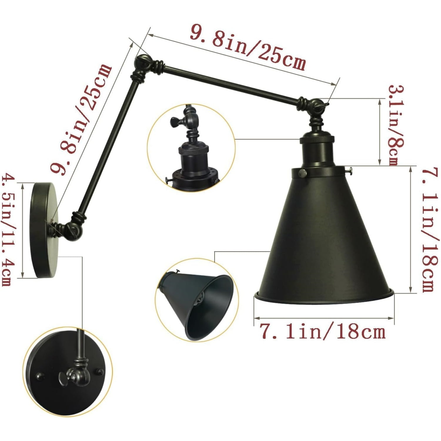 Black Wall Sconce,Angle Adjustable Decorative Wall Mount Light for Living Room Wall Lamp Set of 2