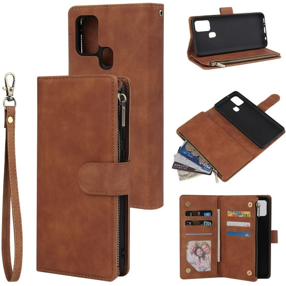 Wallet Case for Samsung Galaxy A21S, Premium Vintage PU Leather Magnetic Closure Handbag Zipper Pocket Case Kickstand Card Holder Slots with Wrist Strap TPU Shockproof Flip Cover - Brown