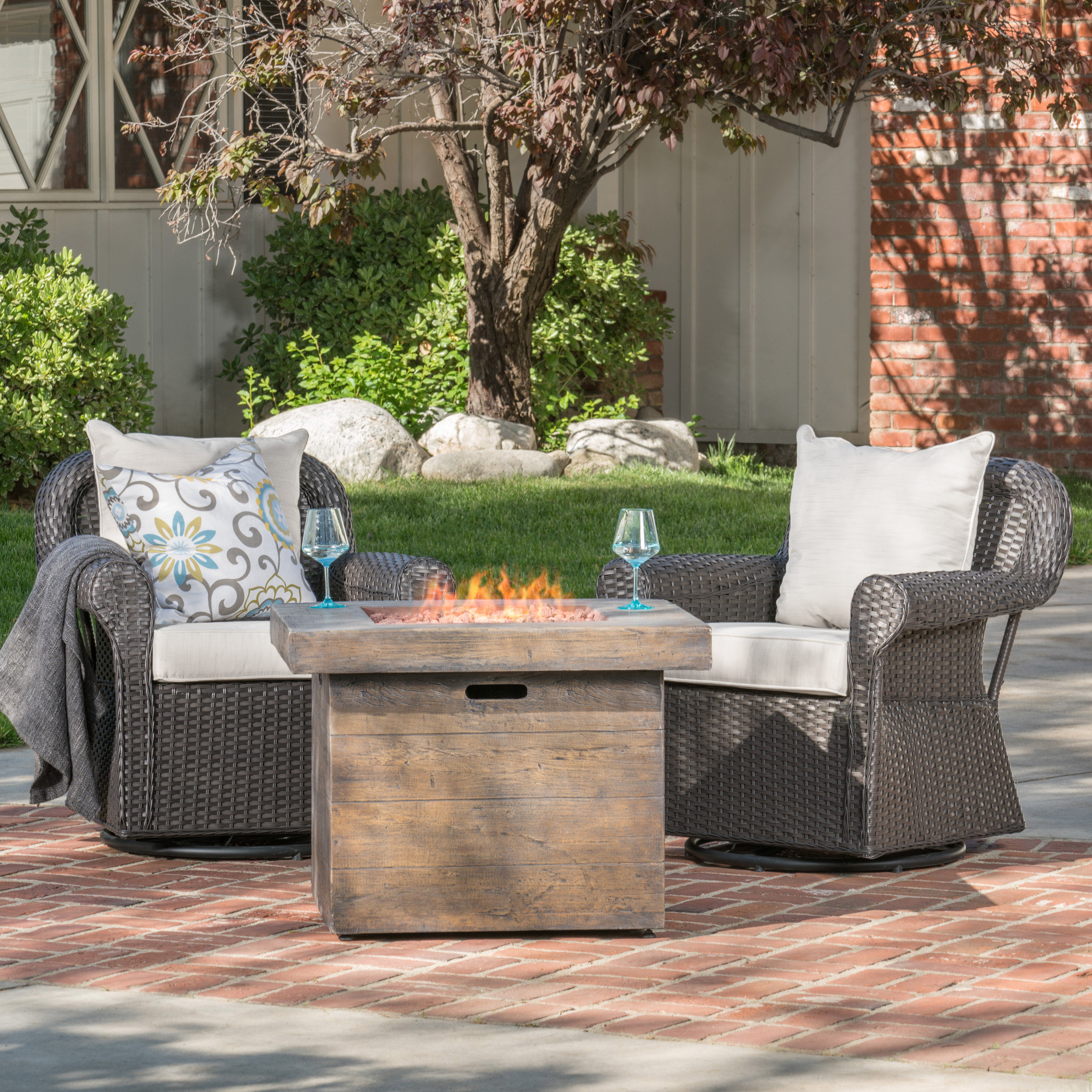 GDF Studio Caldwell Outdoor Wicker Swivel Club Chair and Fire Pit Set with Cushions, 3 Piece Dark Brown, Beige, and Natural - image 2 of 14