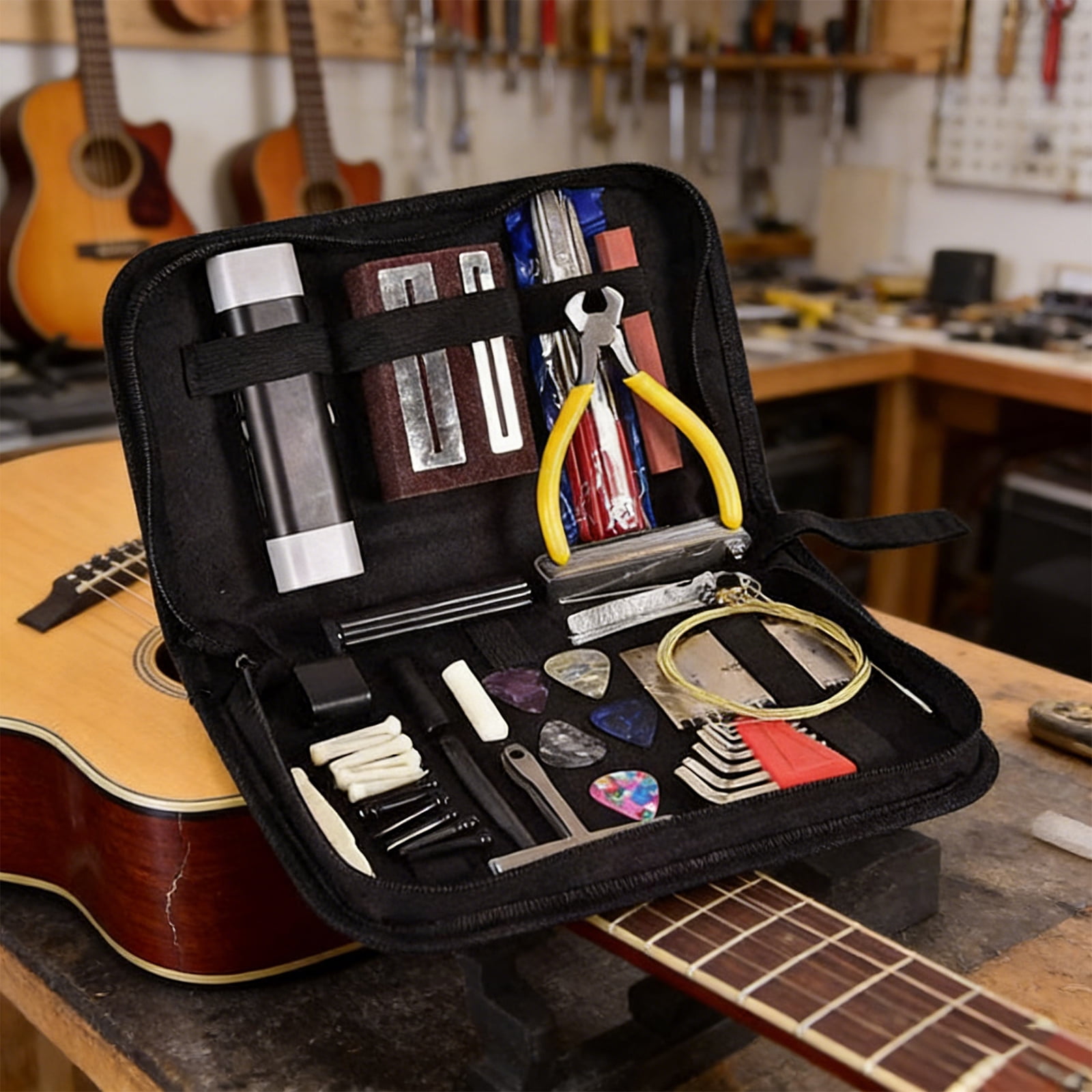 77 Pcs Guitar Repair Tool Kit for Acoustic and Electric Guitar Maintenance Luthier Setup Measuring Tools with Action Ruler Files and Carrying Case