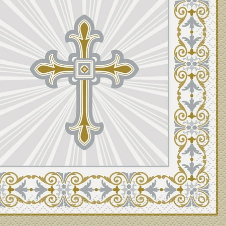 Golf Napkins - Radiant Cross Religious Paper Beverage Napkins, 5 in, Gold & Silver, 16ct
