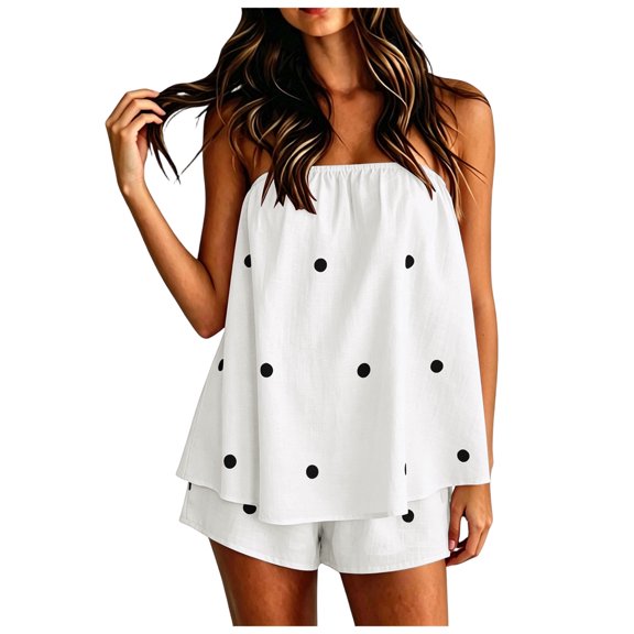 JFOPQVSM Women 2 Piece Matching Sets Striped Tube Top Shorts Sets Summer Polka Dot Vacation Outfits Casual Short Set with Pockets,Lightweight
