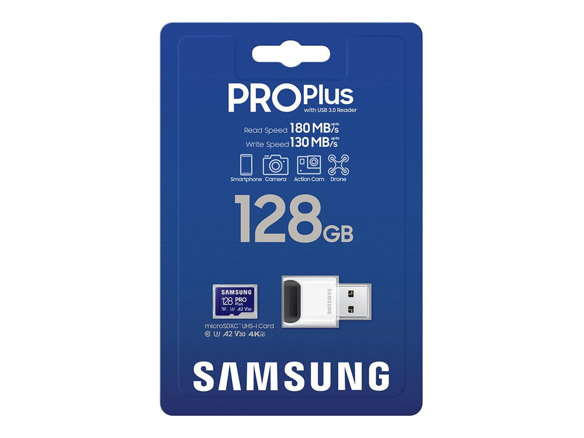 Samsung PRO Plus MB-MD128SB - Flash memory card - 128 GB - A2 / Video Class V30 / UHS-I U3 / Class10 - microSDXC UHS-I