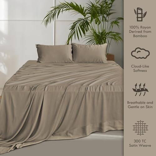 ClevaHome 4-Piece Queen Bamboo Bed Sheet Set, 100% Organic Cooling Fabric, 16" Deep Pocket, Taupe