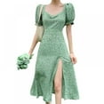 thumbnail image 1 of Robe d'Été Style Coréen Rétro Simple Col Carré Design Floral Fendu Manches Bouffantes Taille Serrée, 1 of 9
