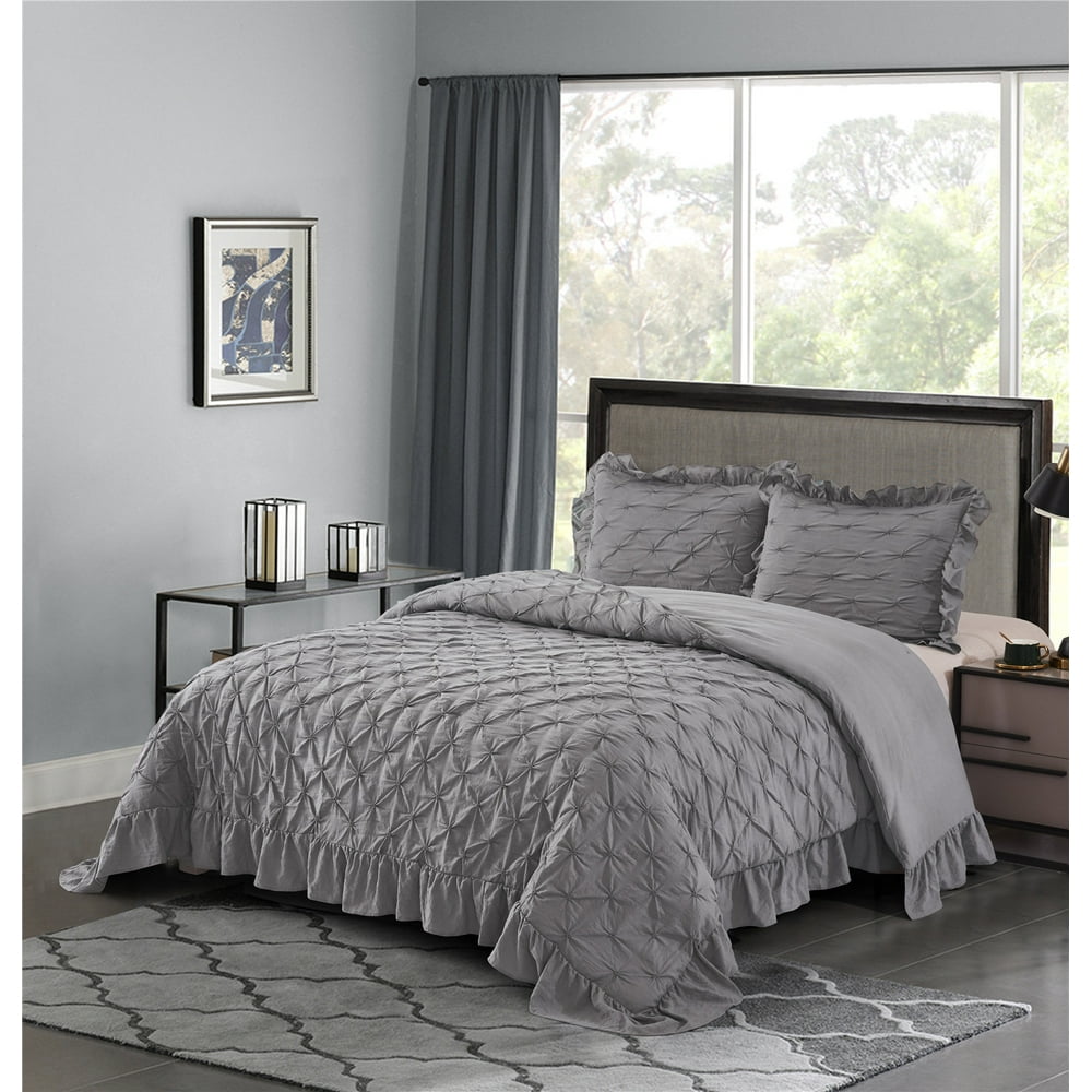 3 Piece Pinch Pleated Gray Comforter Set Queen Pintuck Ruffled