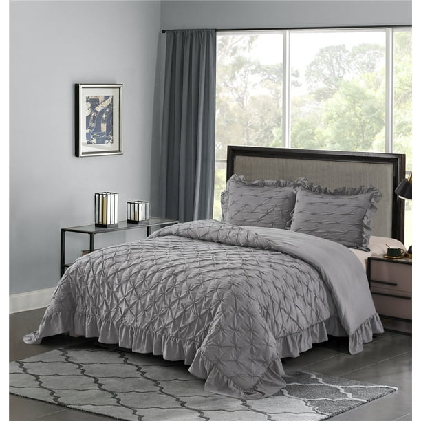 3 Piece Pinch Pleated Gray Comforter, Farmhouse Bedding Set King