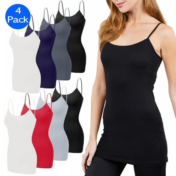 SAYFUT 4 Pack Mixed Colors, Women Long Camisole Tank Tops Blend Fit Basic Cami Top W/ Straps